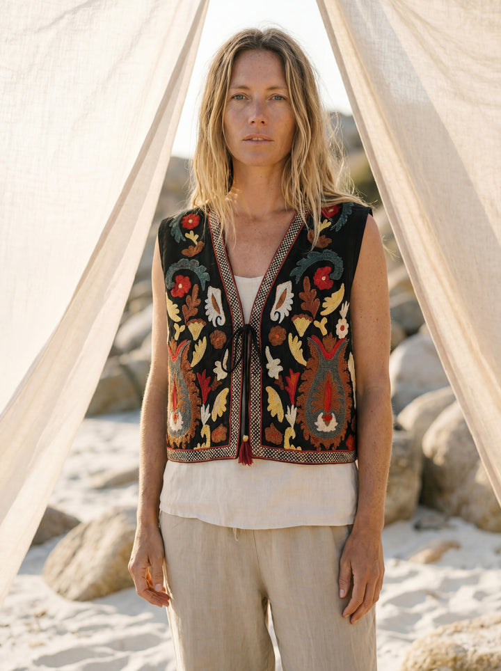 The "Zania" Quilted Vest – Charcoal with Sunset Floral Embroidery Gilet