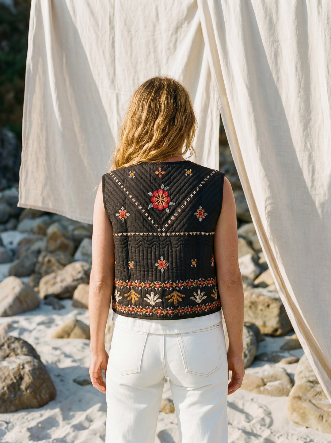 The "Lina" Quilted Vest – Charcoal with Sunset Floral Embroidery Gilet