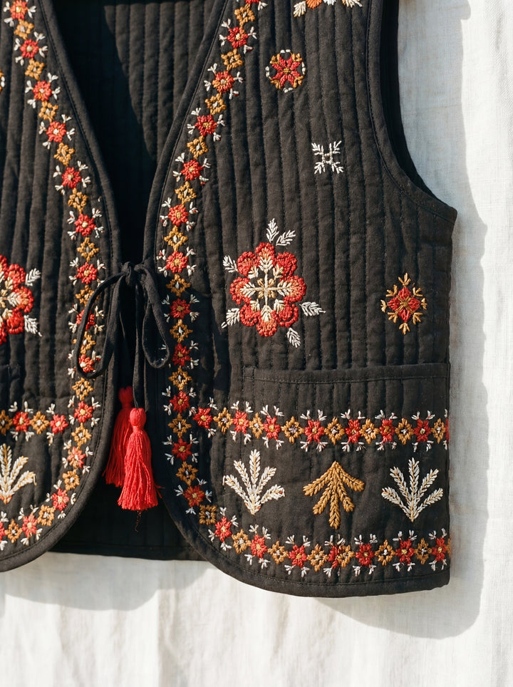 The "Lina" Quilted Vest – Charcoal with Sunset Floral Embroidery Gilet