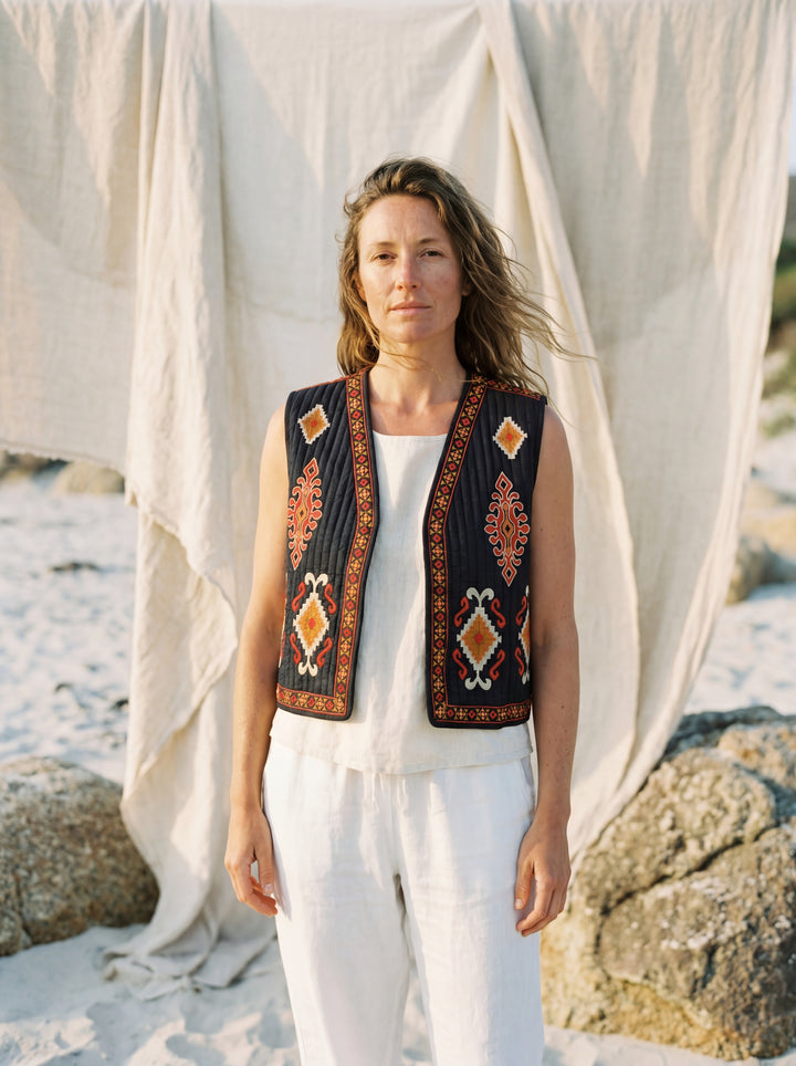 The Boho "Dara" Quilted Vest Gilet – Hand Embroidery Available in Black & Natural White