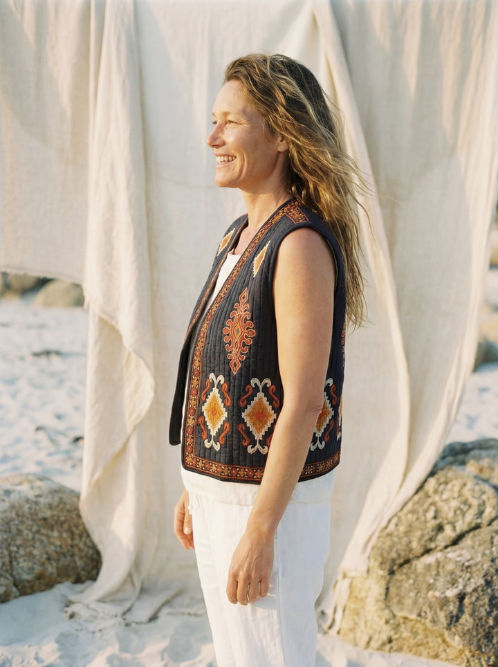 The Boho "Dara" Quilted Vest Gilet – Hand Embroidery Available in Black & Natural White