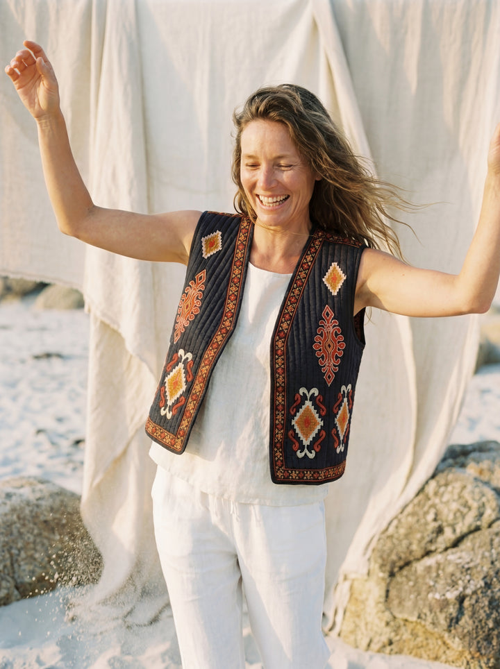 The Boho "Dara" Quilted Vest Gilet – Hand Embroidery Available in Black & Natural White