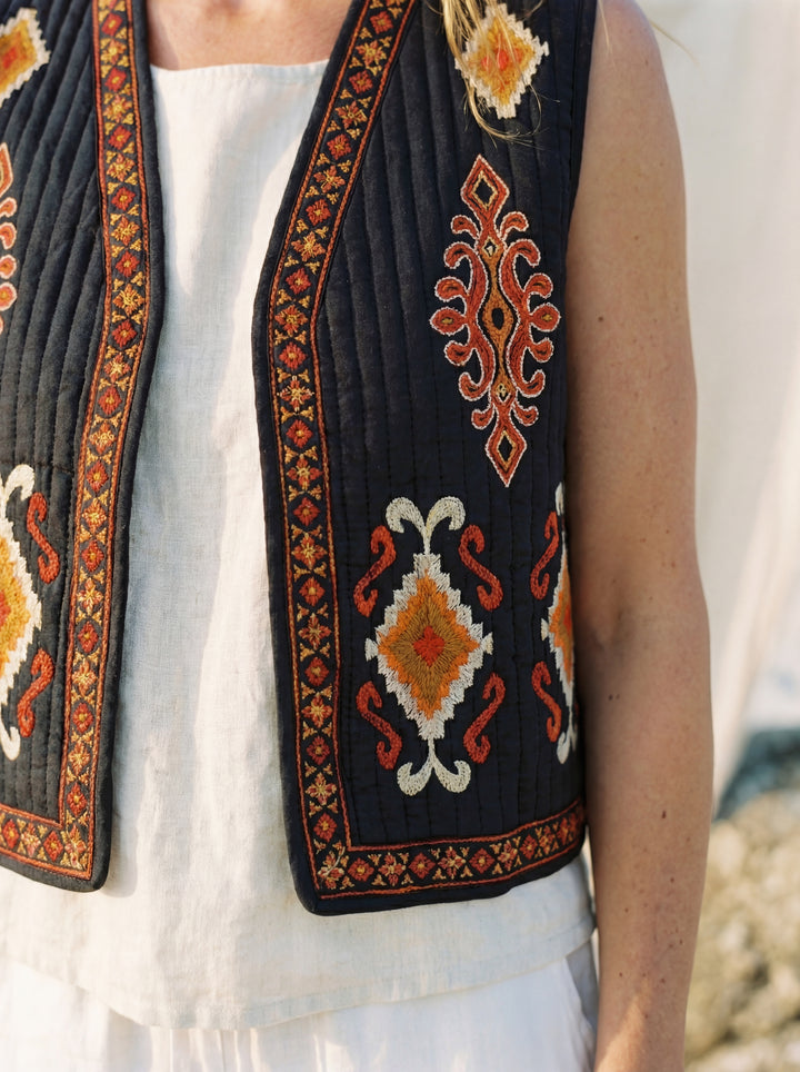 The Boho "Dara" Quilted Vest Gilet – Hand Embroidery Available in Black & Natural White
