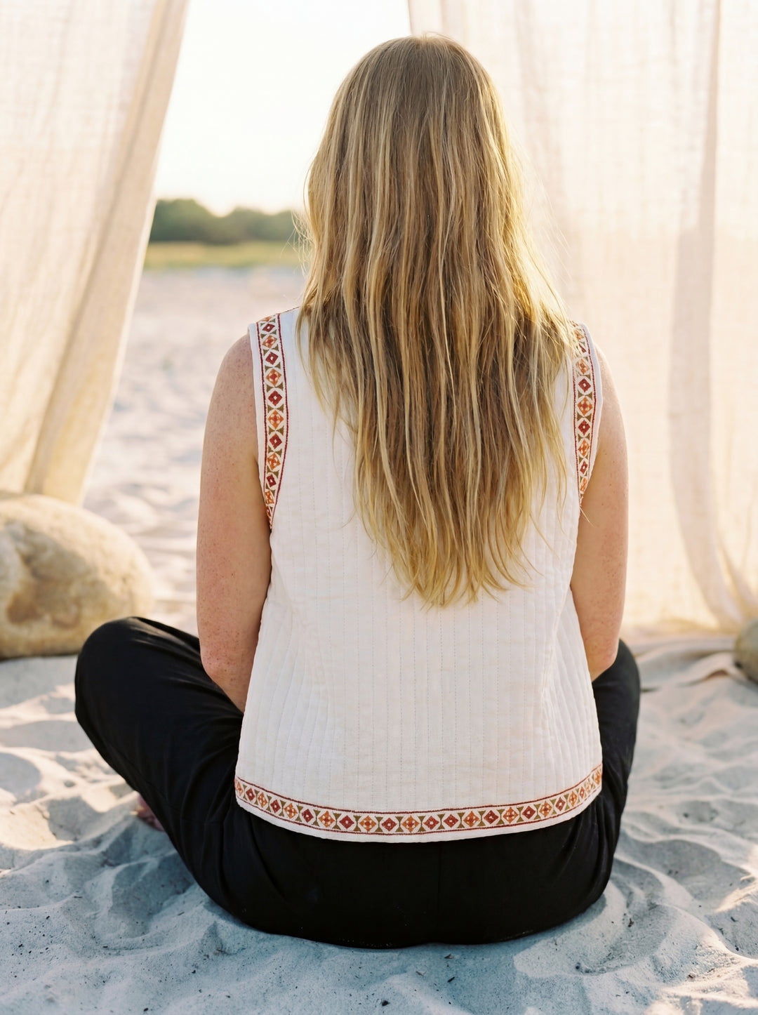 The Boho "Dara" Quilted Vest Gilet – Hand Embroidery Available in Black & Natural White