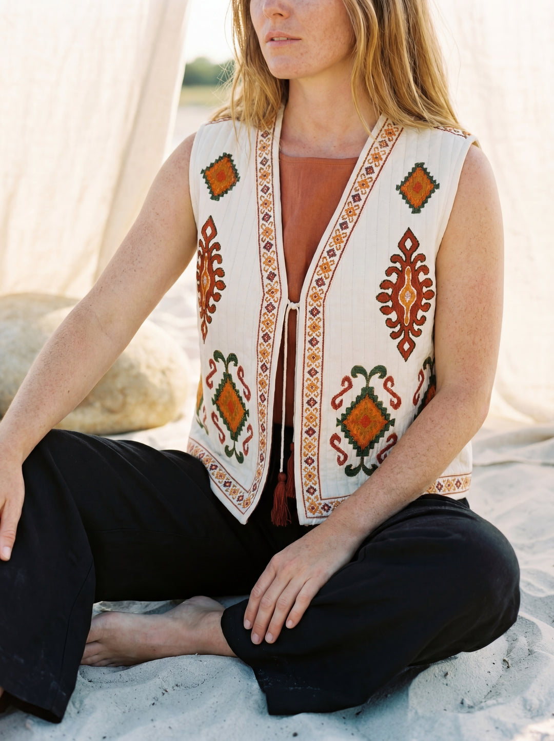 The Boho "Dara" Quilted Vest Gilet – Hand Embroidery Available in Black & Natural White