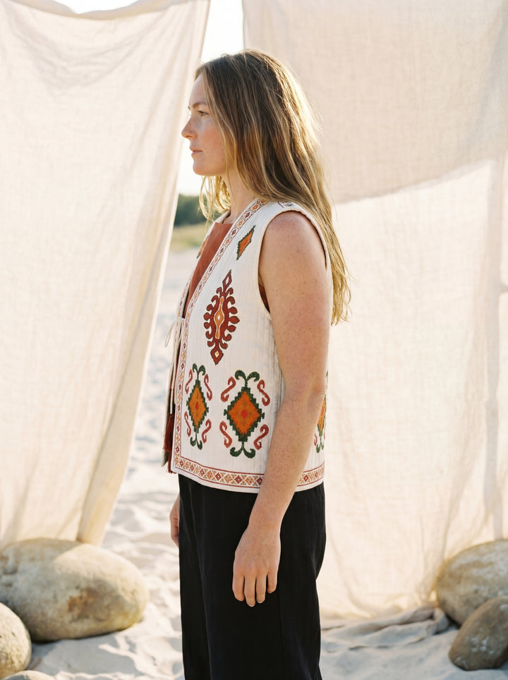 The Boho "Dara" Quilted Vest Gilet – Hand Embroidery Available in Black & Natural White