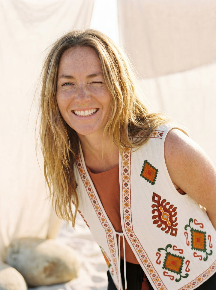 The Boho "Dara" Quilted Vest Gilet – Hand Embroidery Available in Black & Natural White