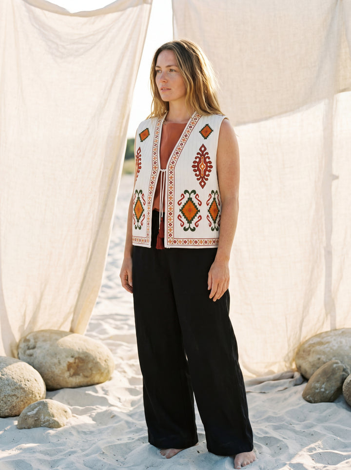 The Boho "Dara" Quilted Vest Gilet – Hand Embroidery Available in Black & Natural White