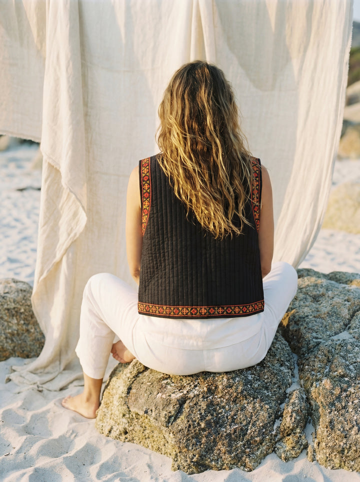 The Boho "Dara" Quilted Vest Gilet – Hand Embroidery Available in Black & Natural White