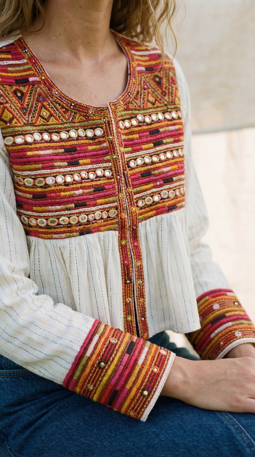 The "Pradeep" Artisan Top – White with Tribal Embroidery & Coins