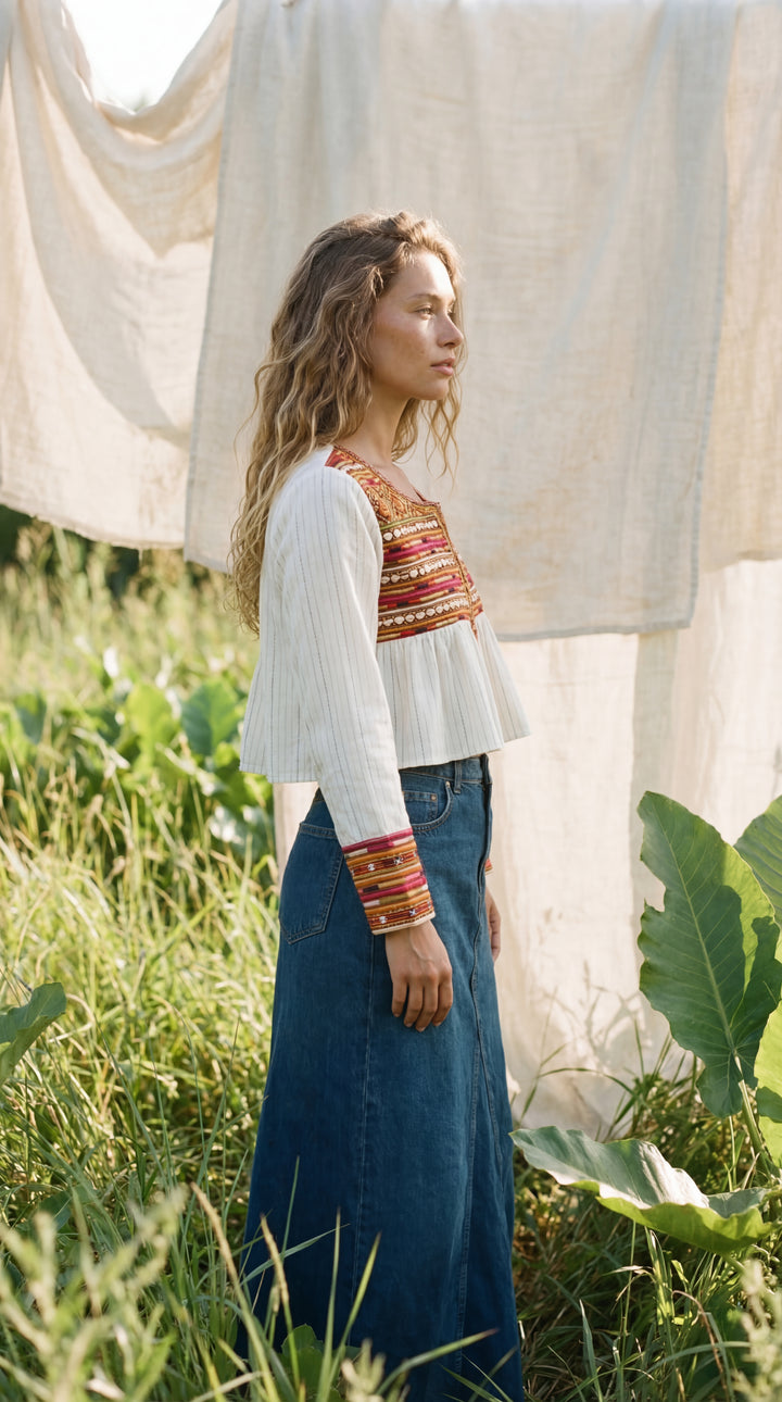 The "Pradeep" Artisan Top – White with Tribal Embroidery & Coins