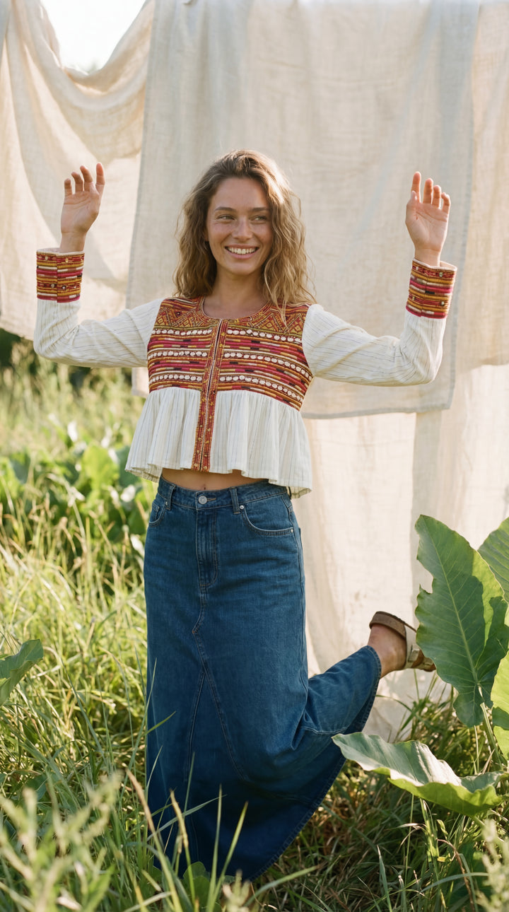 The "Pradeep" Artisan Top – White with Tribal Embroidery & Coins