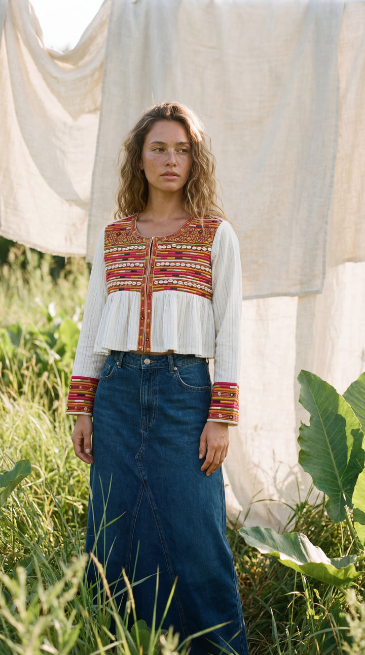 The "Pradeep" Artisan Top – White with Tribal Embroidery & Coins