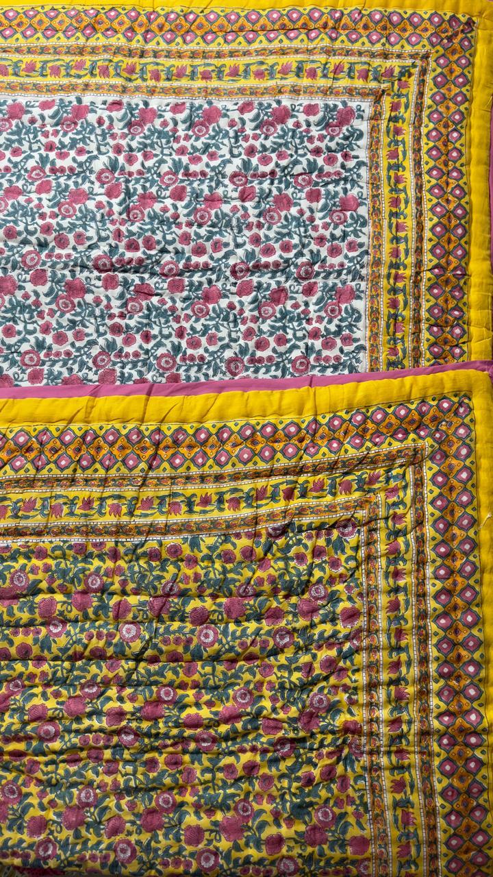 The Sun-Drenched Mustard Quilt – 108x108" Reversible Yellow Floral Organic Cotton Super King