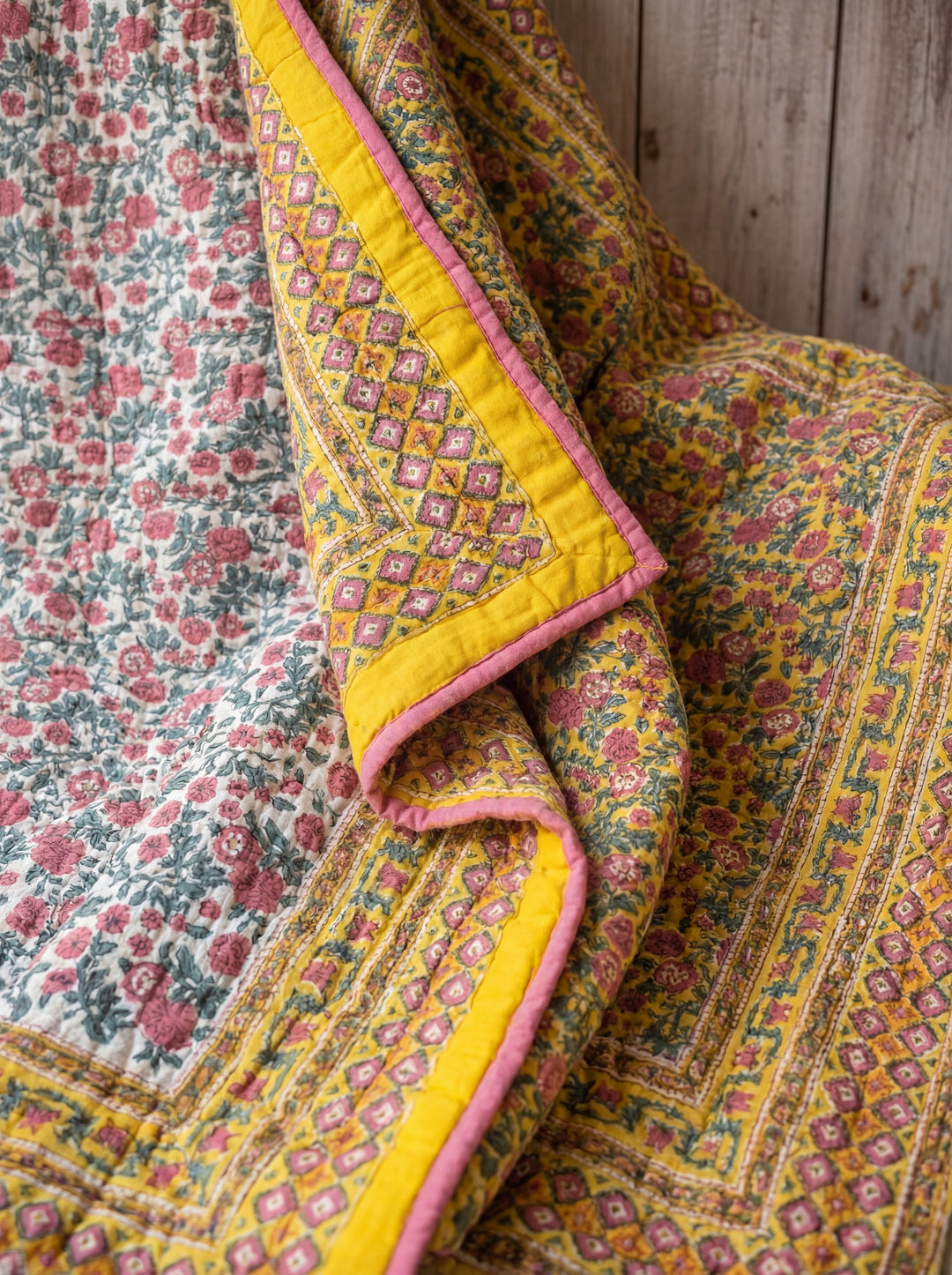 The Sun-Drenched Mustard Quilt – 108x108" Reversible Yellow Floral Organic Cotton Super King