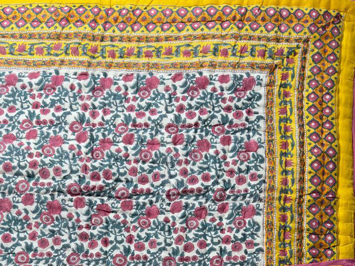 The Sun-Drenched Mustard Quilt – 108x108" Reversible Yellow Floral Organic Cotton Super King