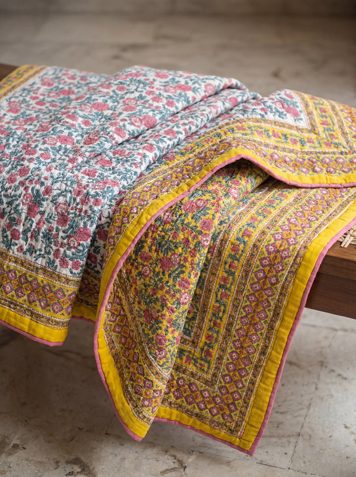 The Sun-Drenched Mustard Quilt – 108x108" Reversible Yellow Floral Organic Cotton Super King