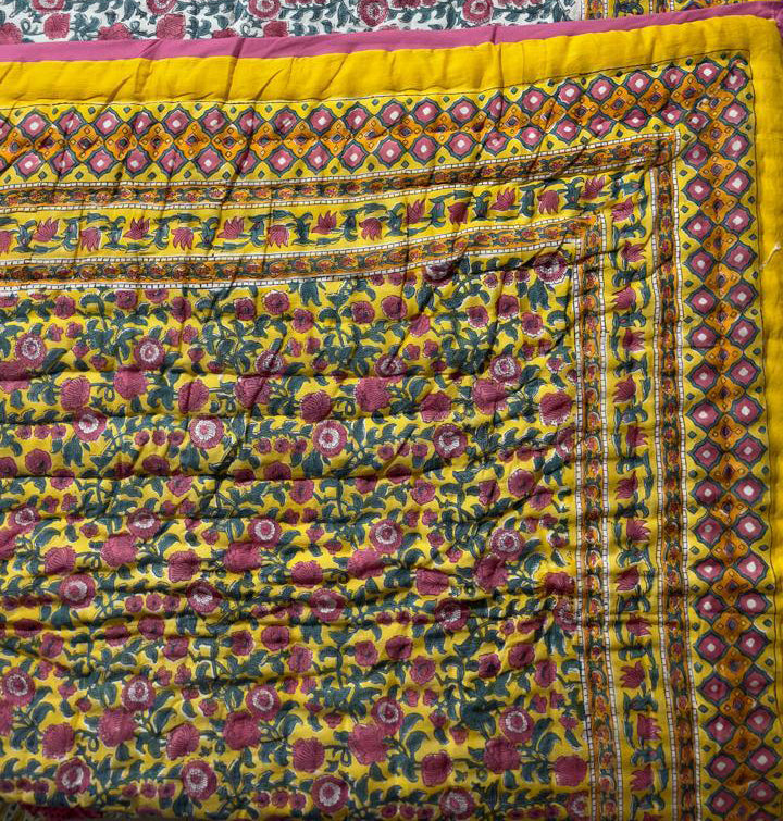The Sun-Drenched Mustard Quilt – 108x108" Reversible Yellow Floral Organic Cotton Super King