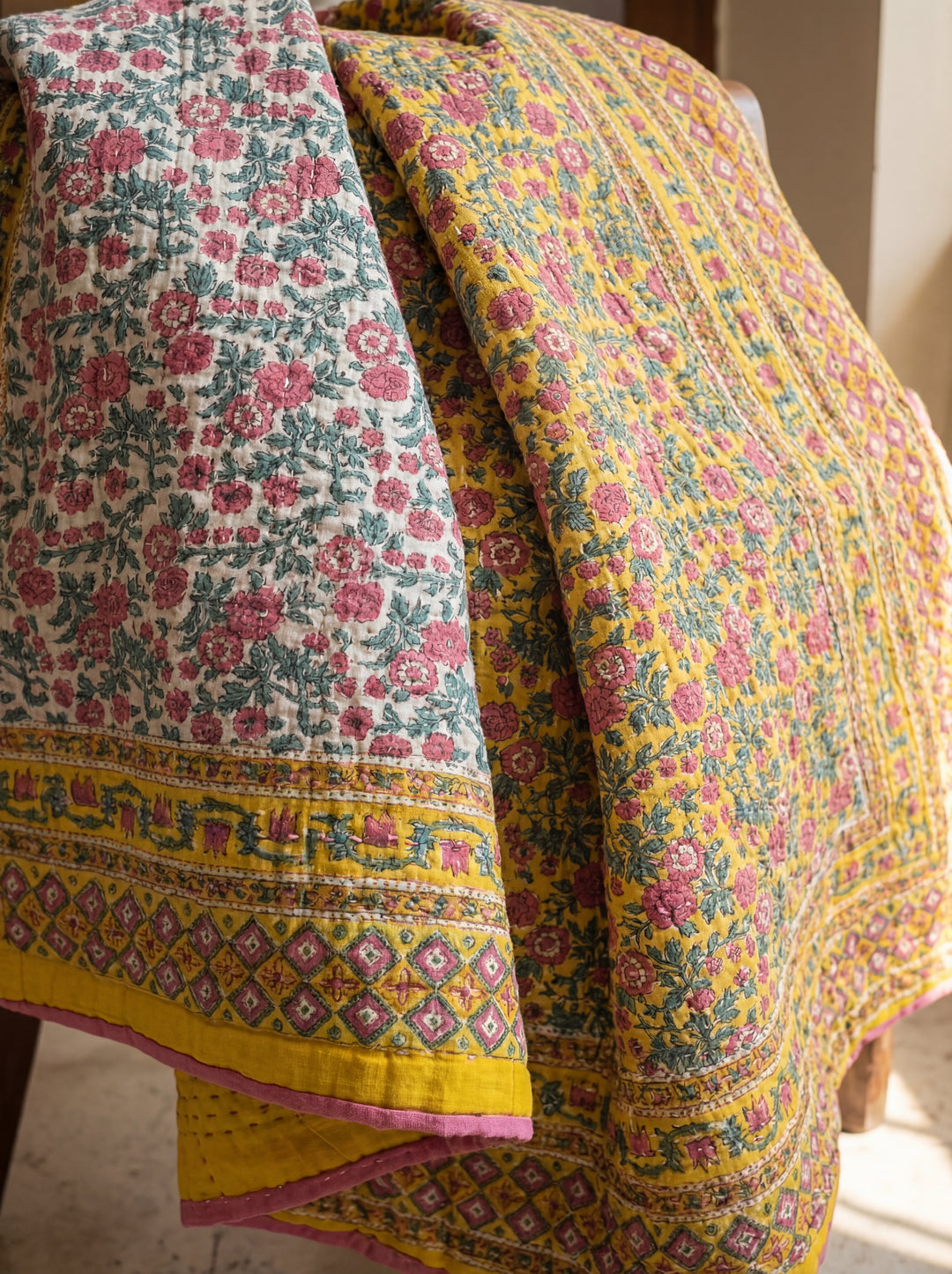 The Sun-Drenched Mustard Quilt – 108x108" Reversible Yellow Floral Organic Cotton Super King