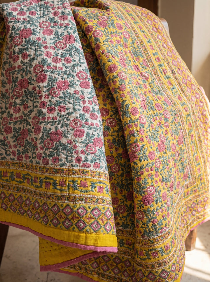 The Sun-Drenched Mustard Quilt – 108x108" Reversible Yellow Floral Organic Cotton Super King