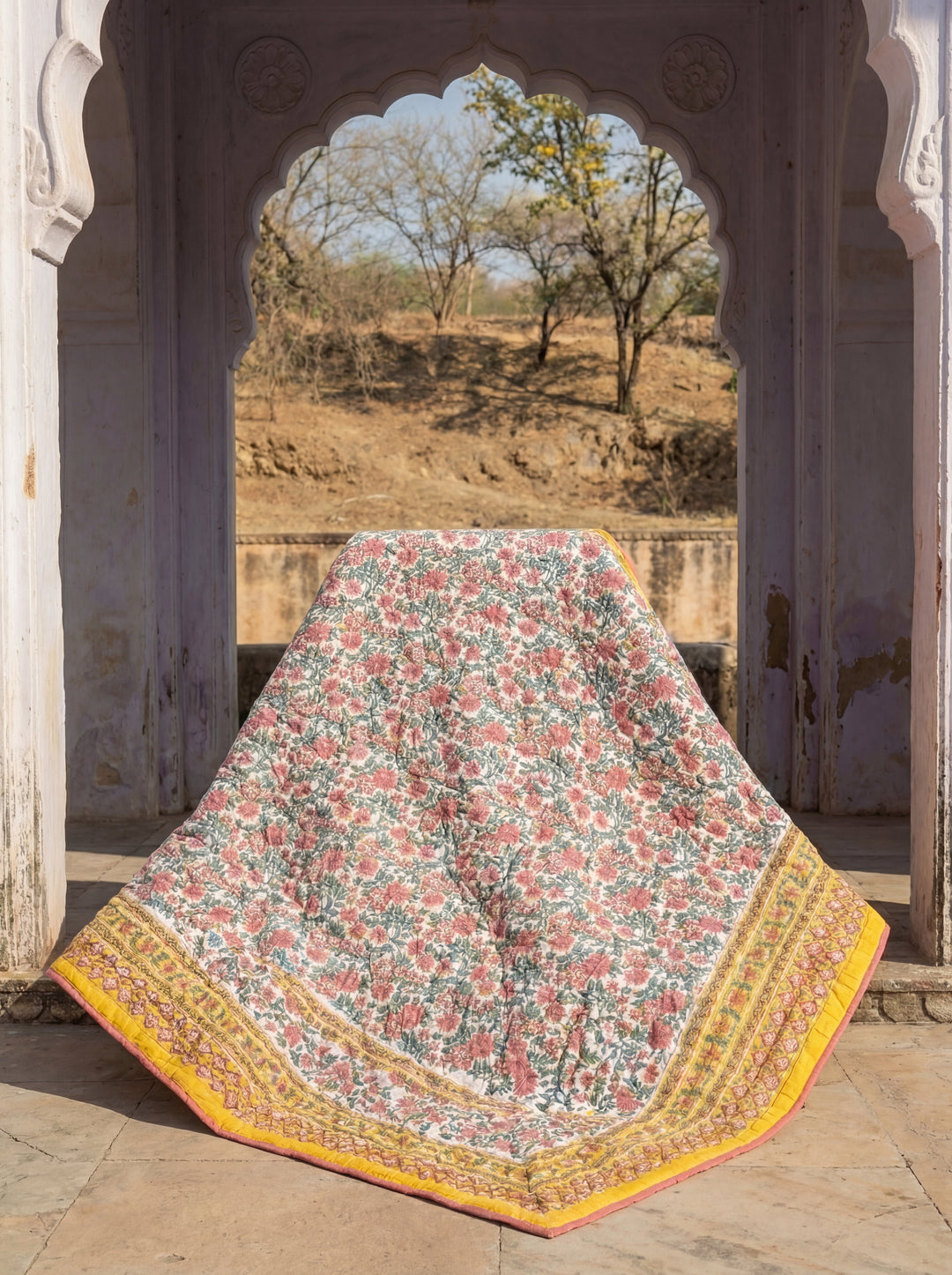 The Sun-Drenched Mustard Quilt – 108x108" Reversible Yellow Floral Organic Cotton Super King