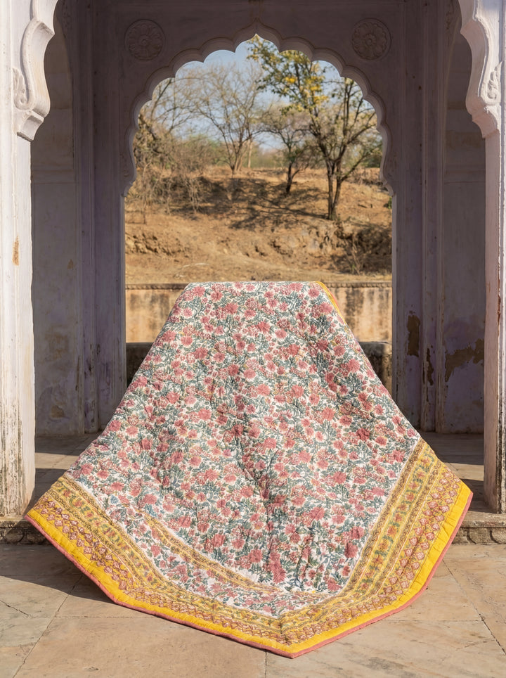 The Sun-Drenched Mustard Quilt – 108x108" Reversible Yellow Floral Organic Cotton Super King