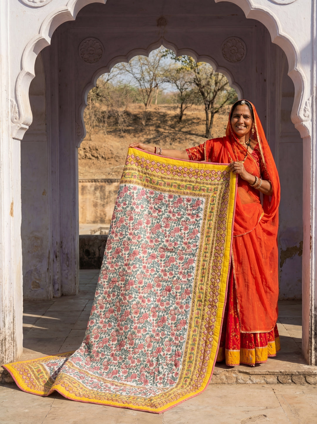 The Sun-Drenched Mustard Quilt – 108x108" Reversible Yellow Floral Organic Cotton Super King