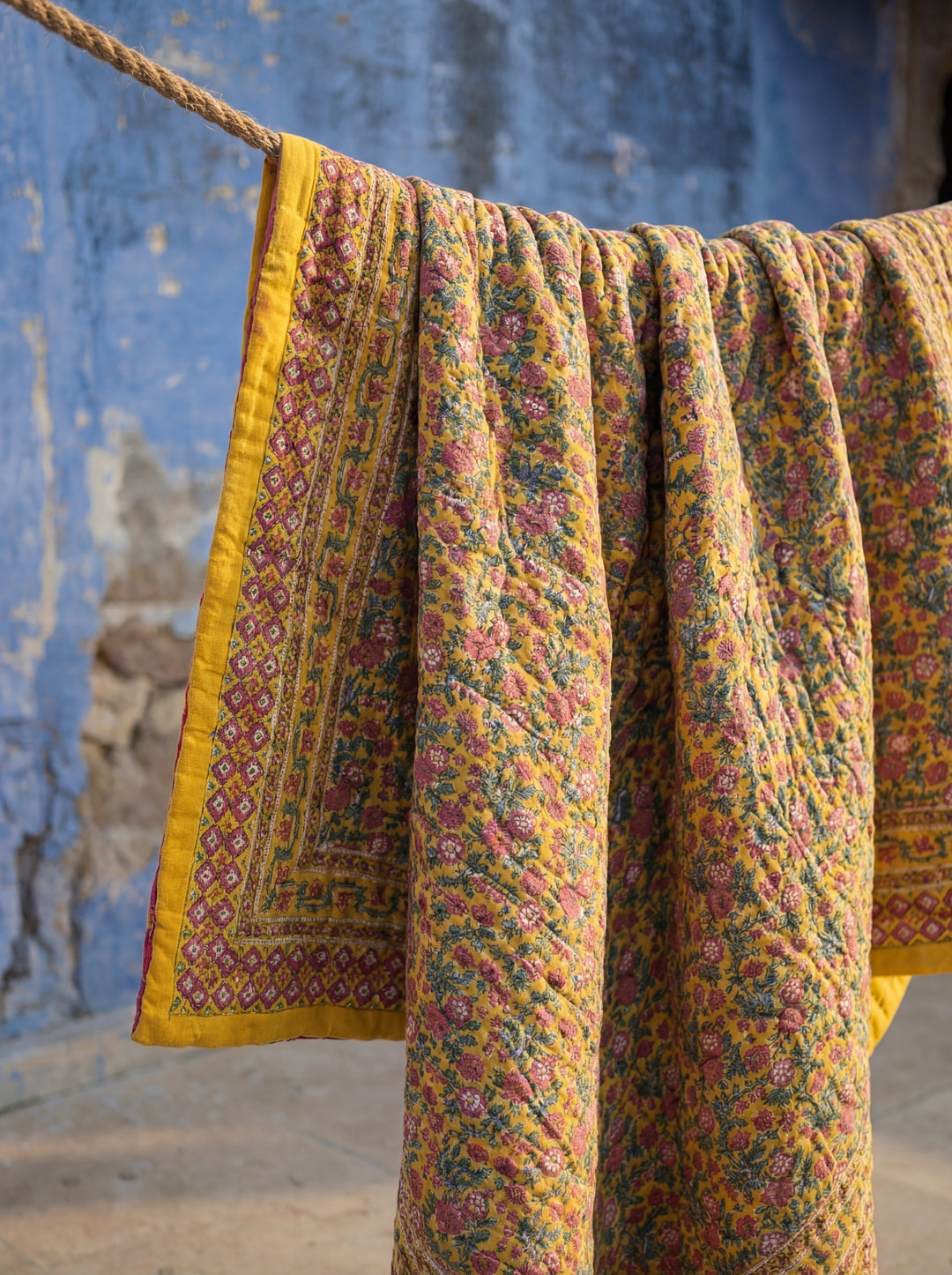 The Sun-Drenched Mustard Quilt – 108x108" Reversible Yellow Floral Organic Cotton Super King