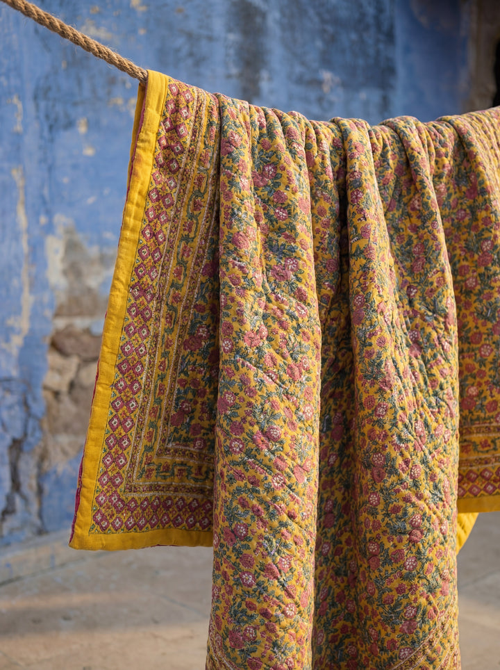 The Sun-Drenched Mustard Quilt – 108x108" Reversible Yellow Floral Organic Cotton Super King