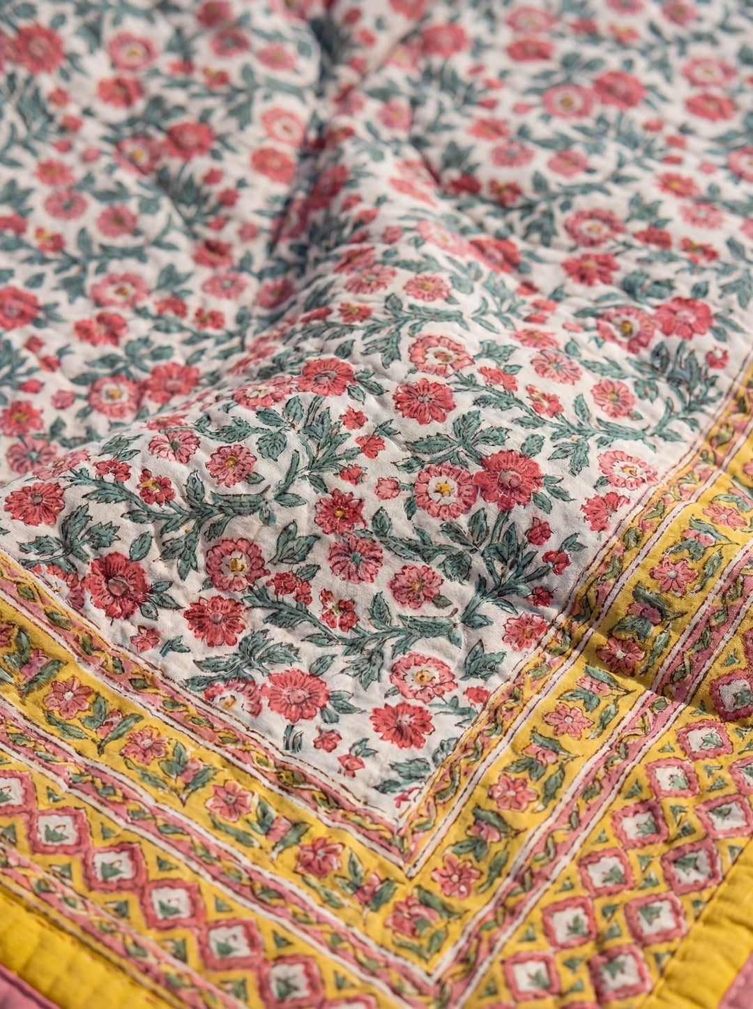 The Sun-Drenched Mustard Quilt – 108x108" Reversible Yellow Floral Organic Cotton Super King