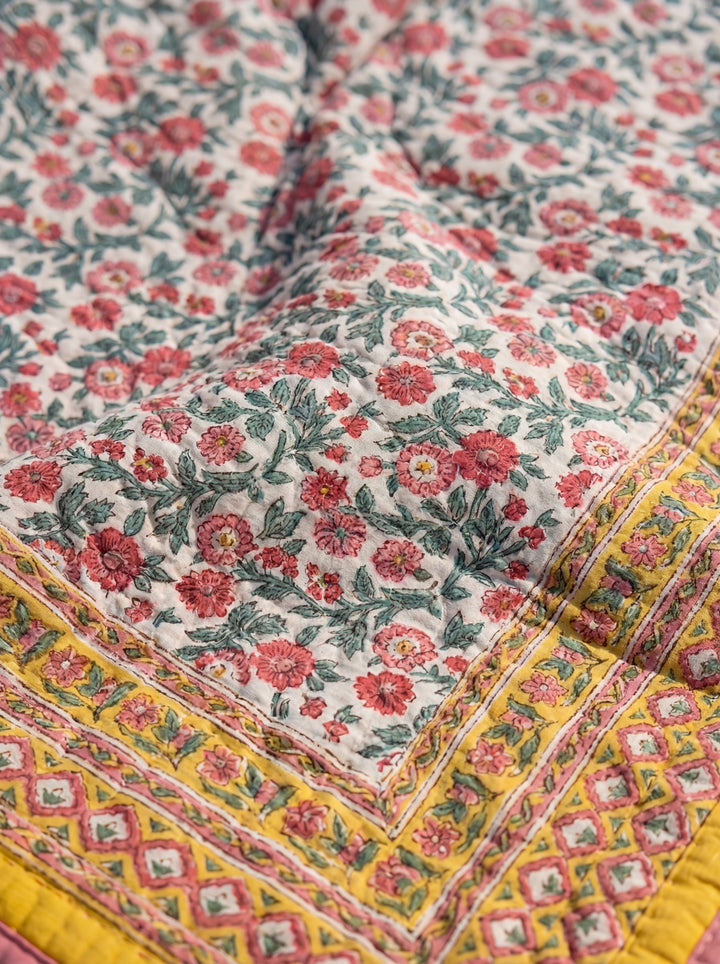 The Sun-Drenched Mustard Quilt – 108x108" Reversible Yellow Floral Organic Cotton Super King