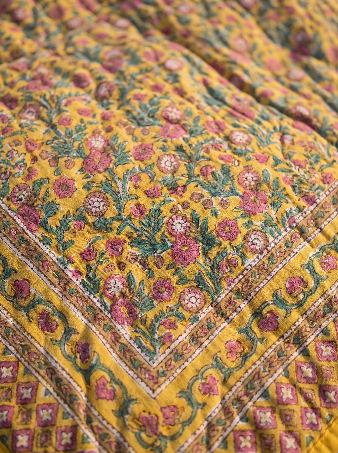 The Sun-Drenched Mustard Quilt – 108x108" Reversible Yellow Floral Organic Cotton Super King
