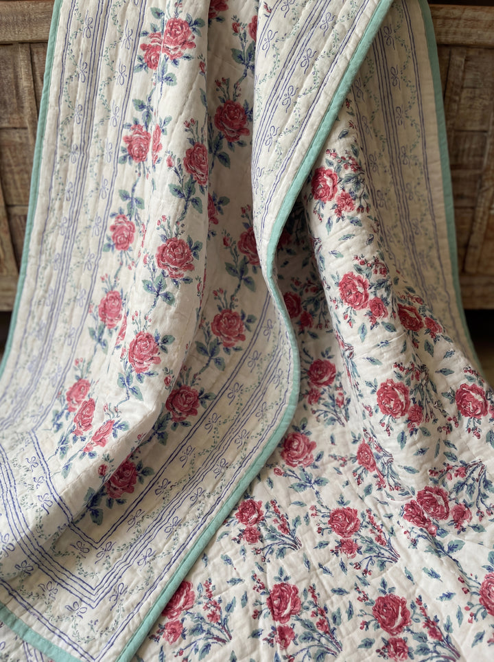 The Ivory Garden Quilt – 108x108" Reversible White & Pastel Floral Organic Cotton Super King
