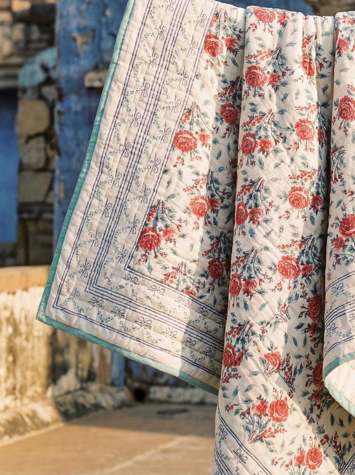 The Ivory Garden Quilt – 108x108" Reversible White & Pastel Floral Organic Cotton Super King