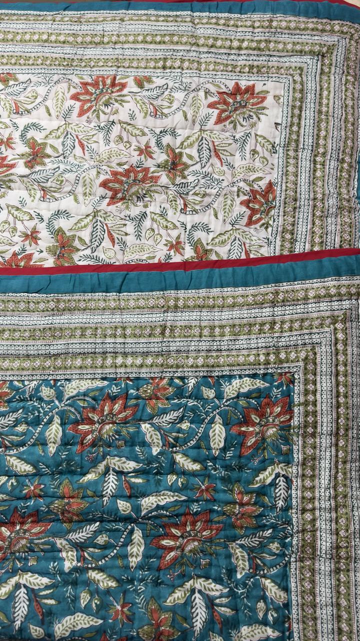 The Azure Botanical Quilt – 108x108" Reversible Blue Vine Organic Cotton Super King