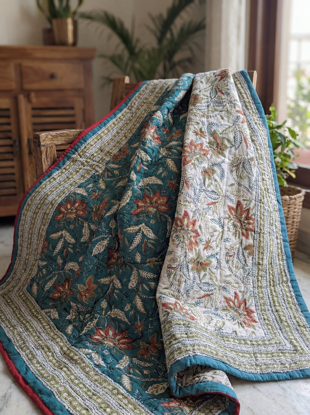 The Azure Botanical Quilt – 108x108" Reversible Blue Vine Organic Cotton Super King