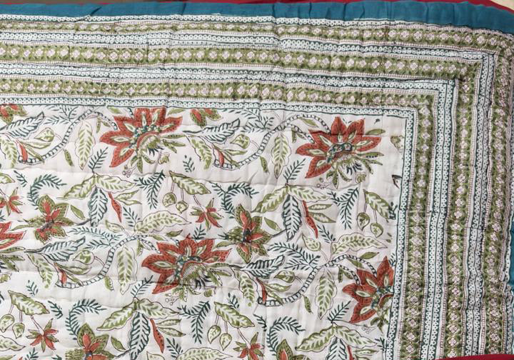 The Azure Botanical Quilt – 108x108" Reversible Blue Vine Organic Cotton Super King