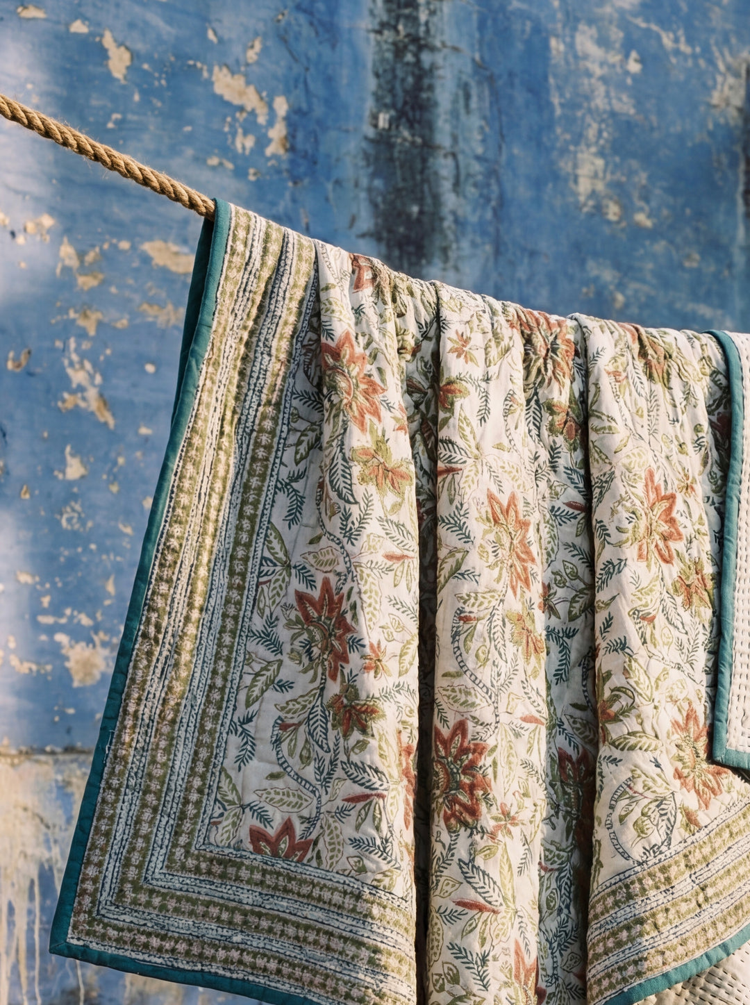 The Azure Botanical Quilt – 108x108" Reversible Blue Vine Organic Cotton Super King