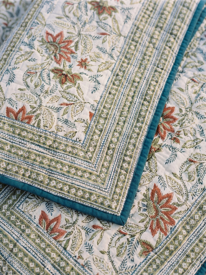 The Azure Botanical Quilt – 108x108" Reversible Blue Vine Organic Cotton Super King