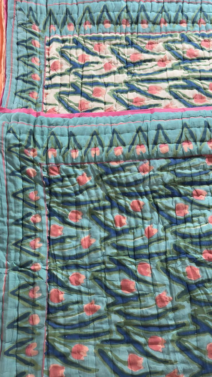 The Ocean Breeze Quilt – 108x108" Reversible Teal & Rose Organic Cotton Super King