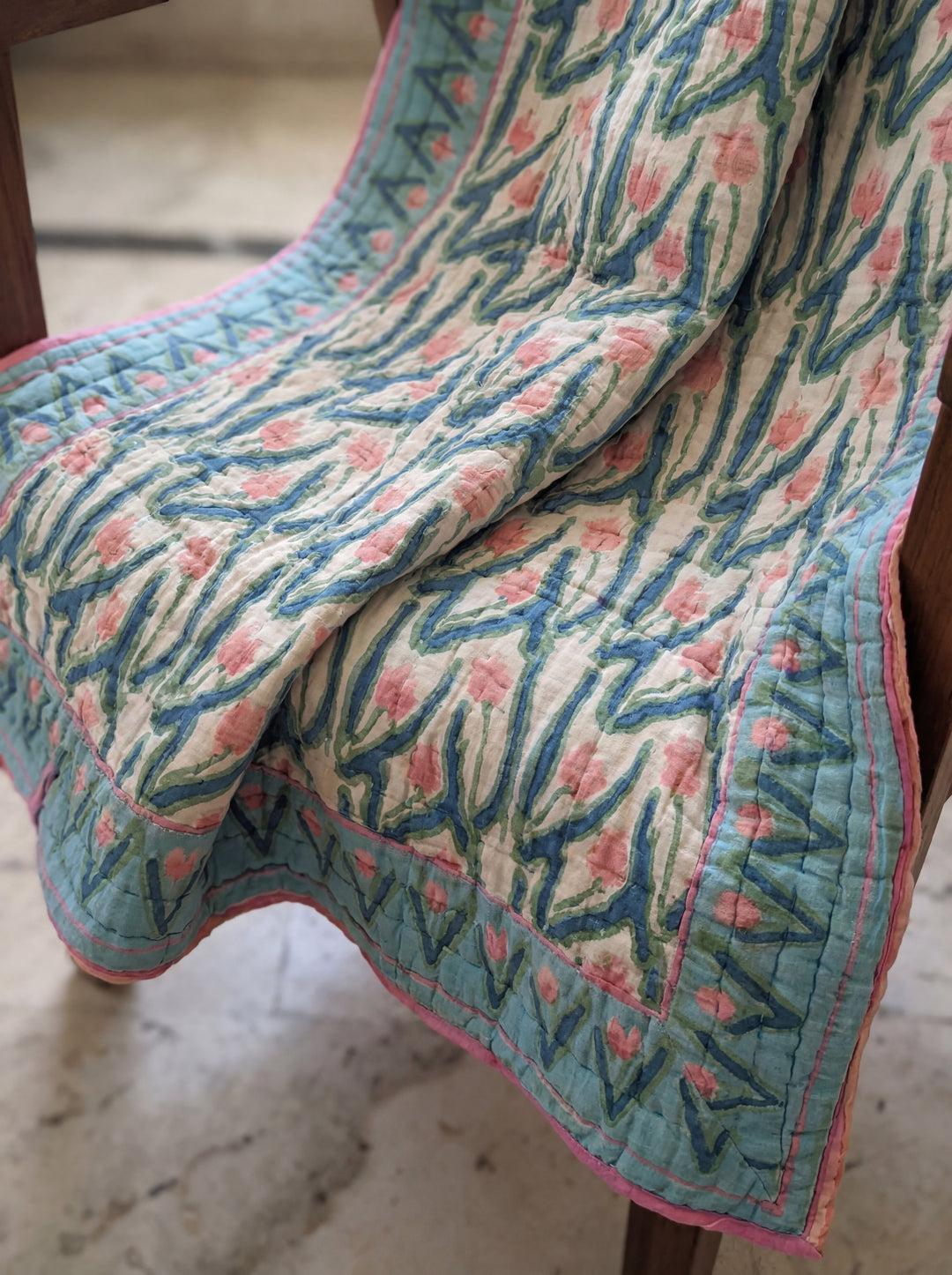 The Ocean Breeze Quilt – 108x108" Reversible Teal & Rose Organic Cotton Super King