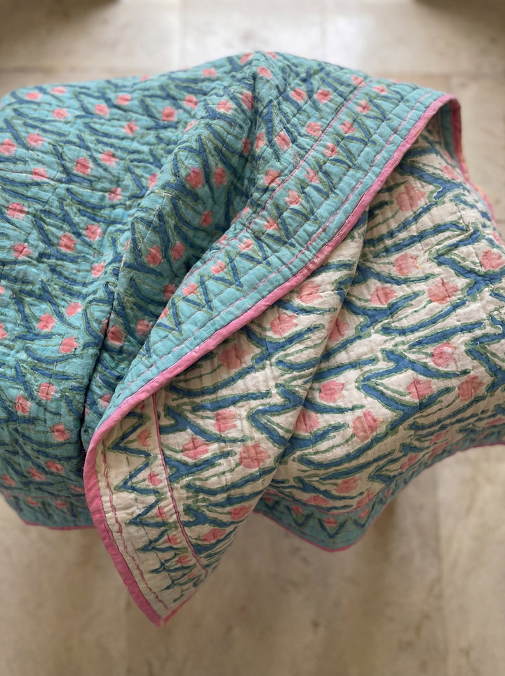 The Ocean Breeze Quilt – 108x108" Reversible Teal & Rose Organic Cotton Super King