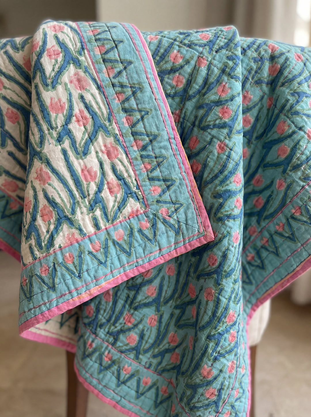 The Ocean Breeze Quilt – 108x108" Reversible Teal & Rose Organic Cotton Super King