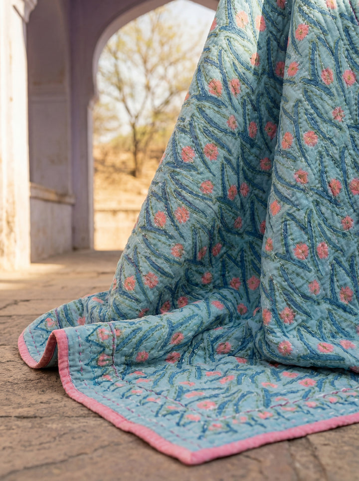 The Ocean Breeze Quilt – 108x108" Reversible Teal & Rose Organic Cotton Super King