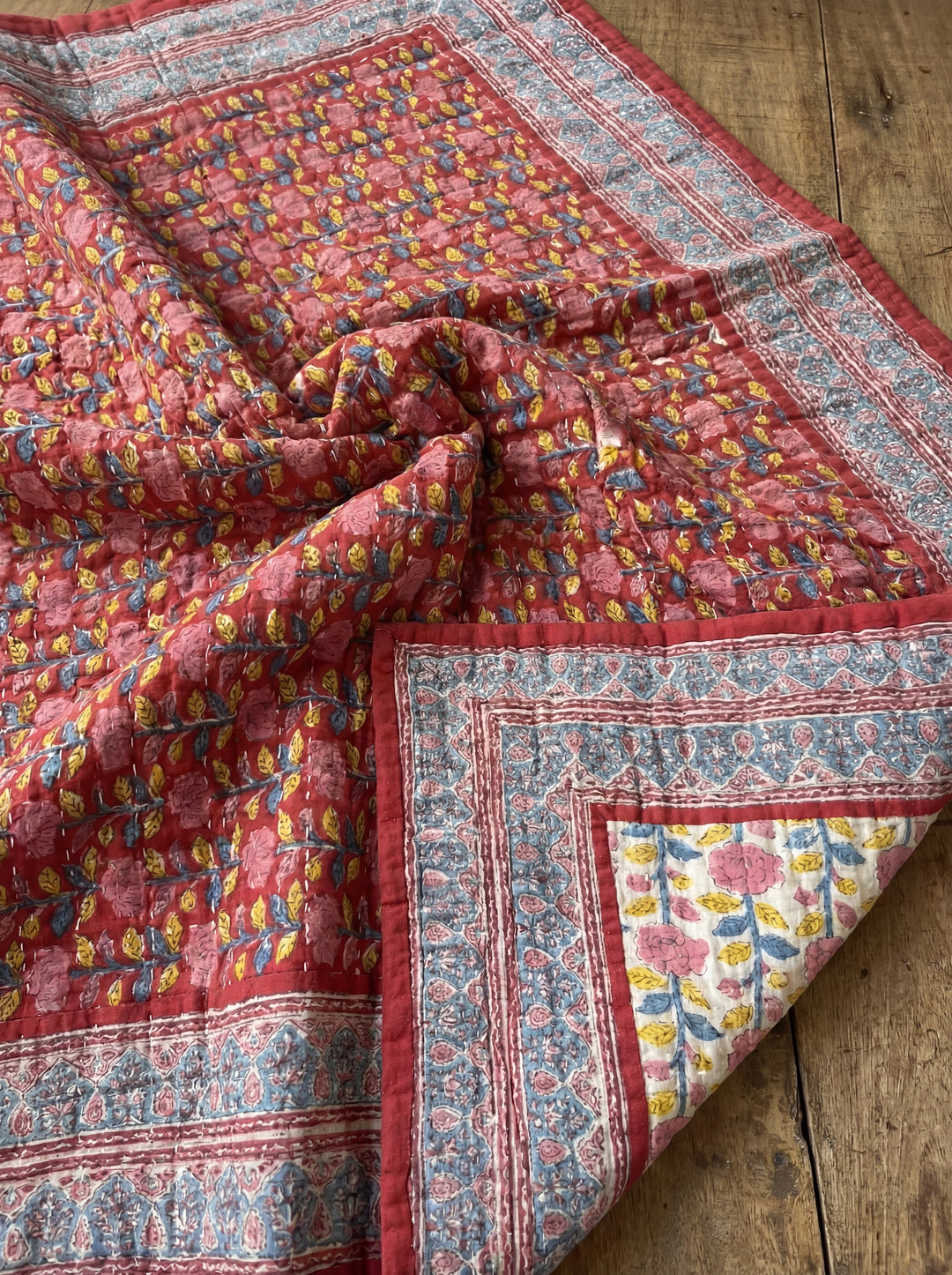 The Crimson Bloom Quilt – 108x108" Reversible Deep Red Organic Cotton Super King