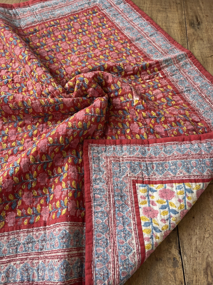 The Crimson Bloom Quilt – 108x108" Reversible Deep Red Organic Cotton Super King