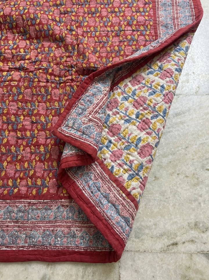 The Crimson Bloom Quilt – 108x108" Reversible Deep Red Organic Cotton Super King