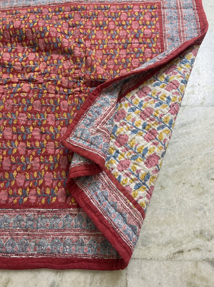 The Crimson Bloom Quilt – 108x108" Reversible Deep Red Organic Cotton Super King