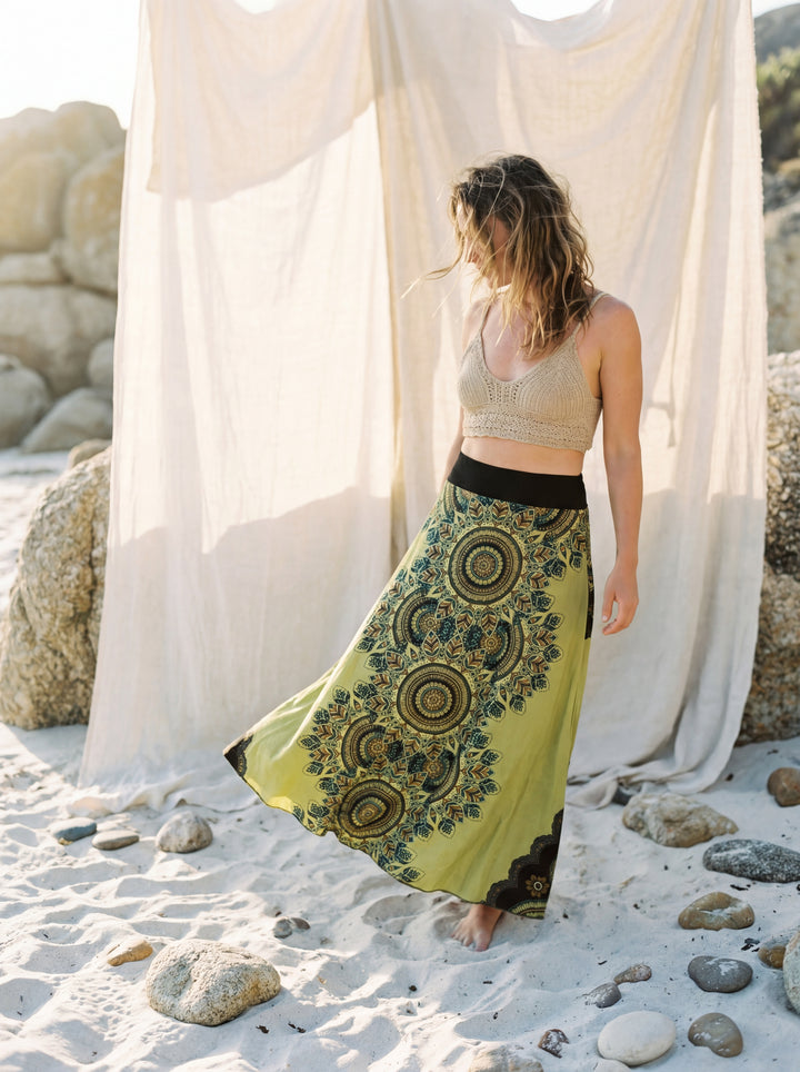 Sacred Geometry Maxi Skirt – Hand-Stamped Tribal Cotton Bohemian Festival Wear