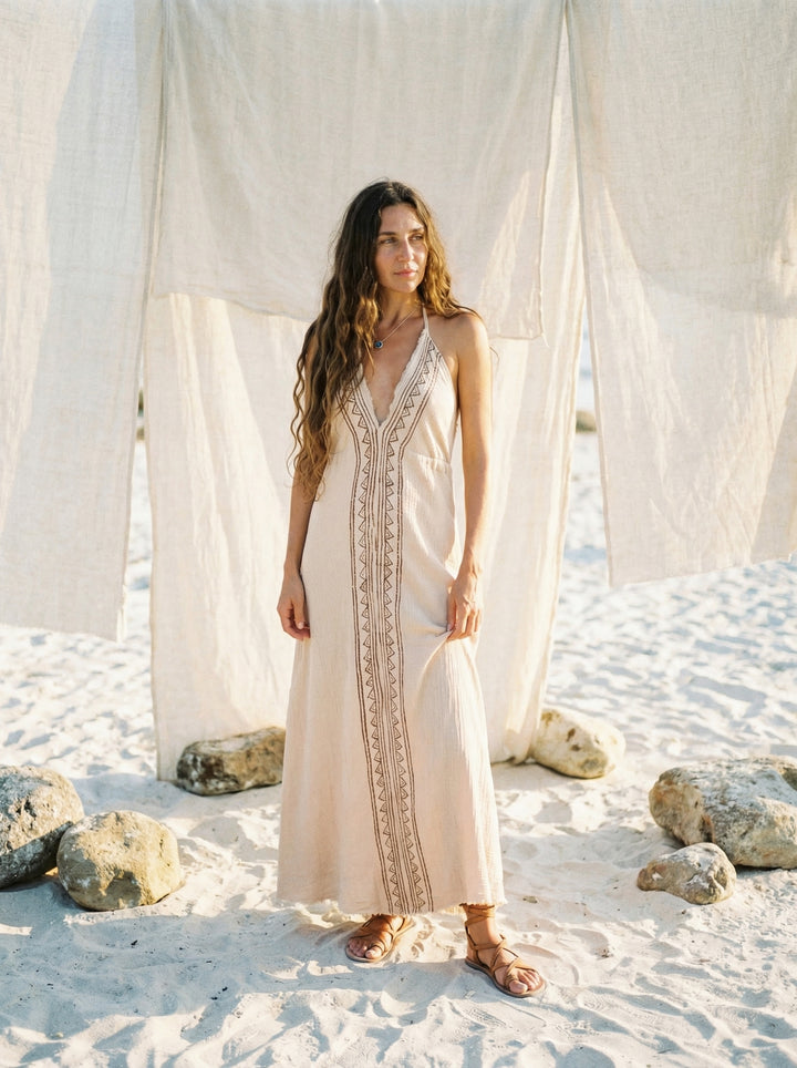 Meenakshi Cotton Maxi Dress – Bohemian Halter Neck Goddess Gown (UK 8-14)